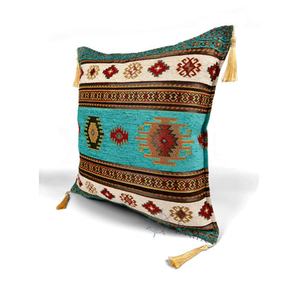 Evalier Turquoise pillow cover – angled front view, Heritage Kilim woven decorative cushion cover highlighting the kilim-inspired motif, textured fabric, and elegant corner tassels (45 × 45 cm / 18 × 18 in)