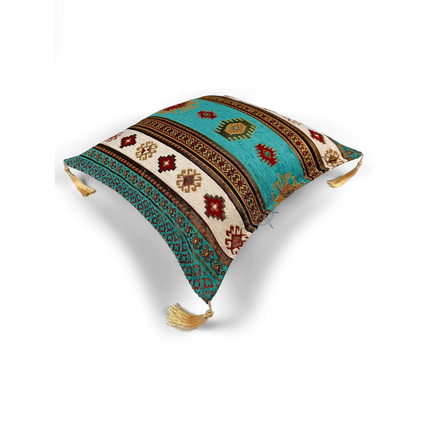 Evalier Turquoise pillow cover – top angled view, Heritage Kilim woven decorative cushion cover showing overall shape, dimensional form, and kilim-inspired woven design (45 × 45 cm / 18 × 18 in)