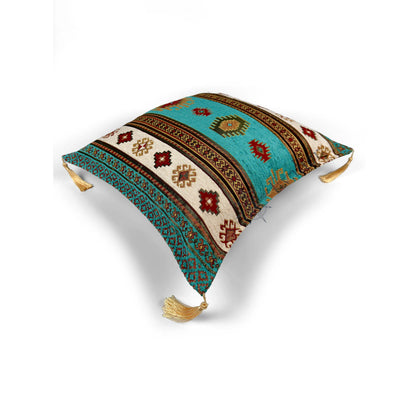 Evalier Turquoise pillow cover – top angled view, Heritage Kilim woven decorative cushion cover showing overall shape, dimensional form, and kilim-inspired woven design (45 × 45 cm / 18 × 18 in)