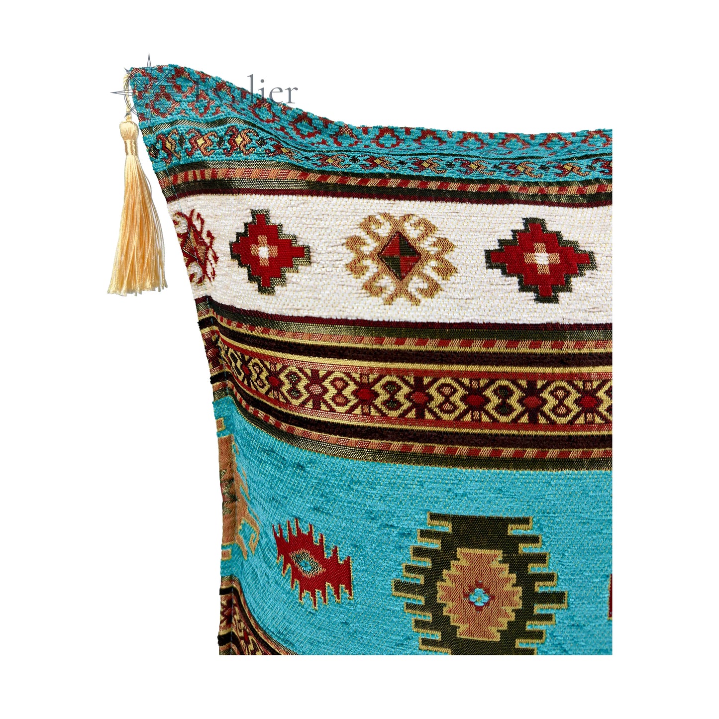 Evalier Turquoise pillow cover – close-up corner detail, Heritage Kilim woven cushion cover showing fabric texture, kilim-inspired woven pattern, and tassel detail (45 × 45 cm / 18 × 18 in)