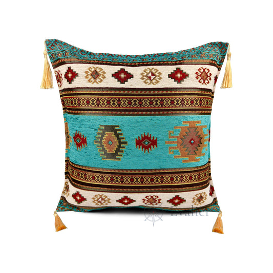 Evalier Turquoise pillow cover – front view, Heritage Kilim woven decorative cushion cover with kilim-inspired motif and corner tassels (45 × 45 cm / 18 × 18 in)