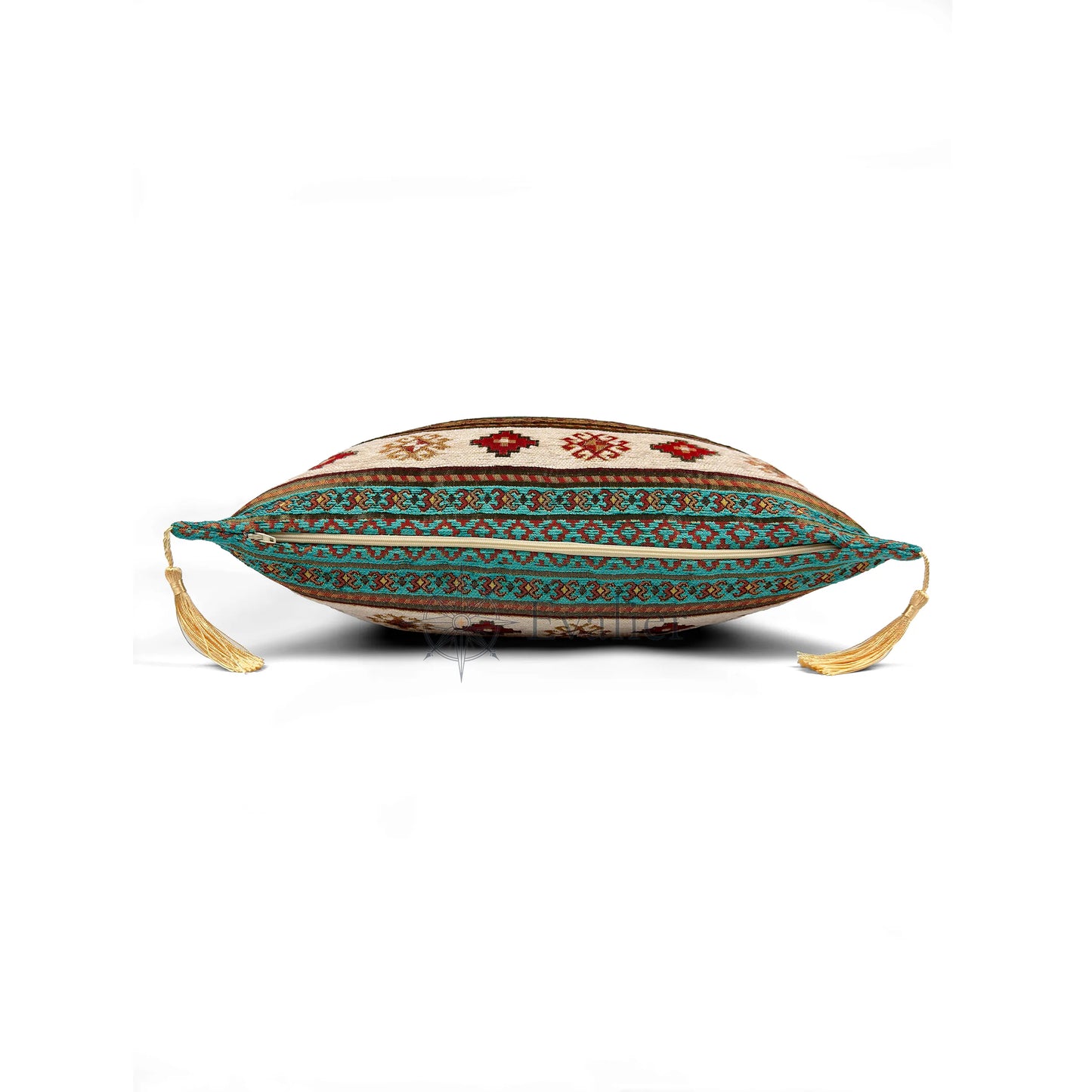 Evalier Turquoise pillow cover – side profile with hidden zipper, Heritage Kilim woven decorative cushion cover showing closure detail, tailored construction, and corner tassels (45 × 45 cm / 18 × 18 in)