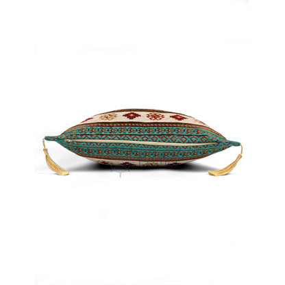 Evalier Turquoise pillow cover – side profile with hidden zipper, Heritage Kilim woven decorative cushion cover showing closure detail, tailored construction, and corner tassels (45 × 45 cm / 18 × 18 in)