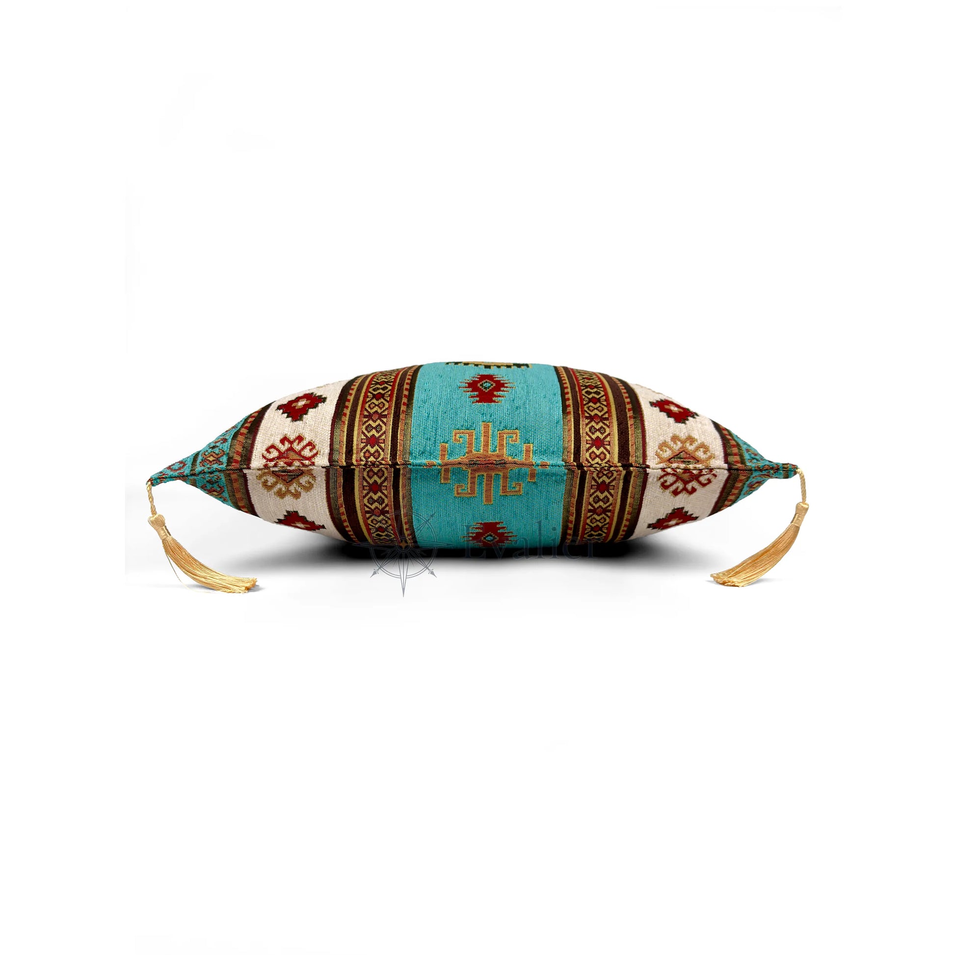 Evalier Turquoise pillow cover – side profile view, Heritage Kilim woven decorative cushion cover showing thickness, structured silhouette, and refined shape (45 × 45 cm / 18 × 18 in)