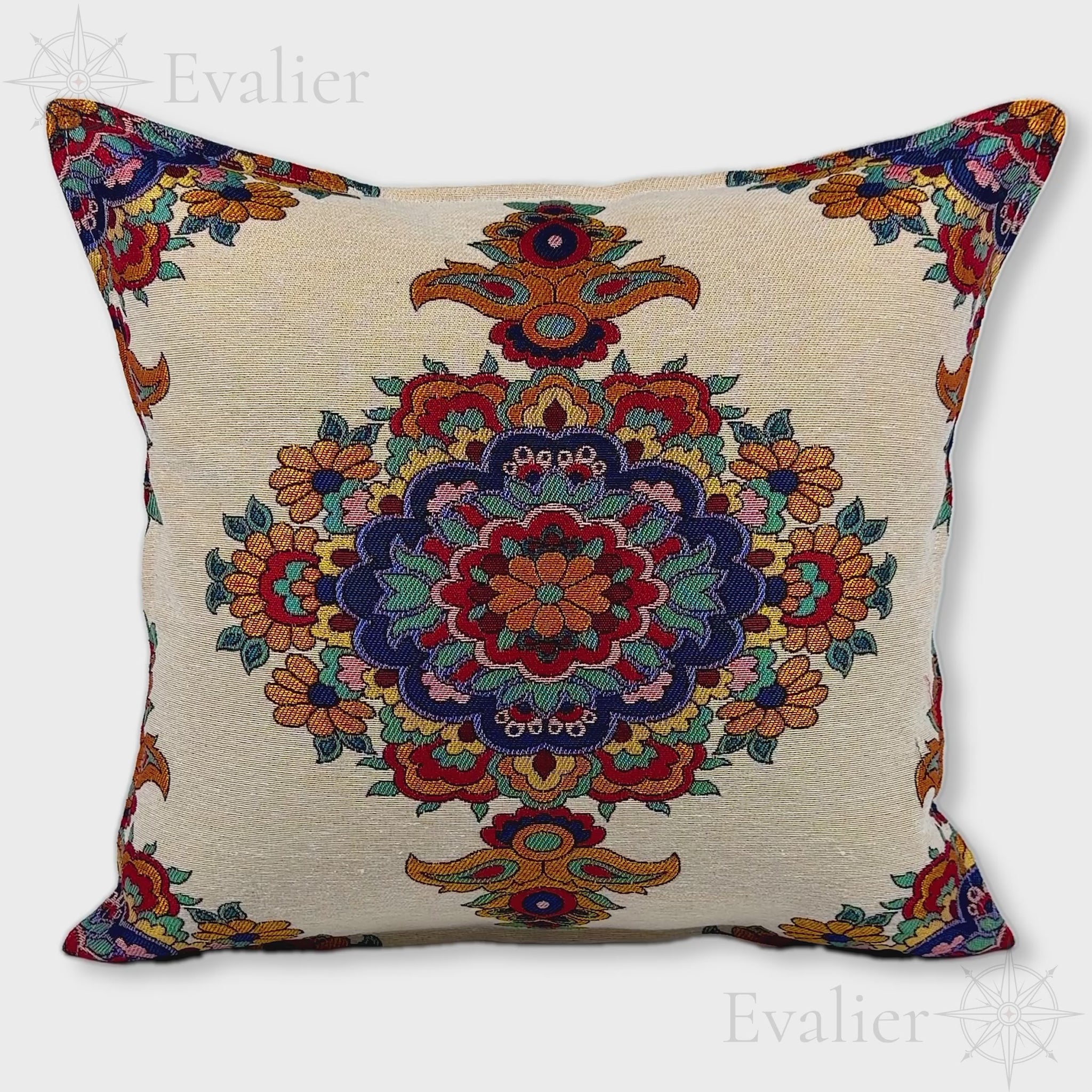 Evailer Saffron Rosette pillow cover – product showcase video, Artisan Heirloom gobelin tapestry decorative cushion